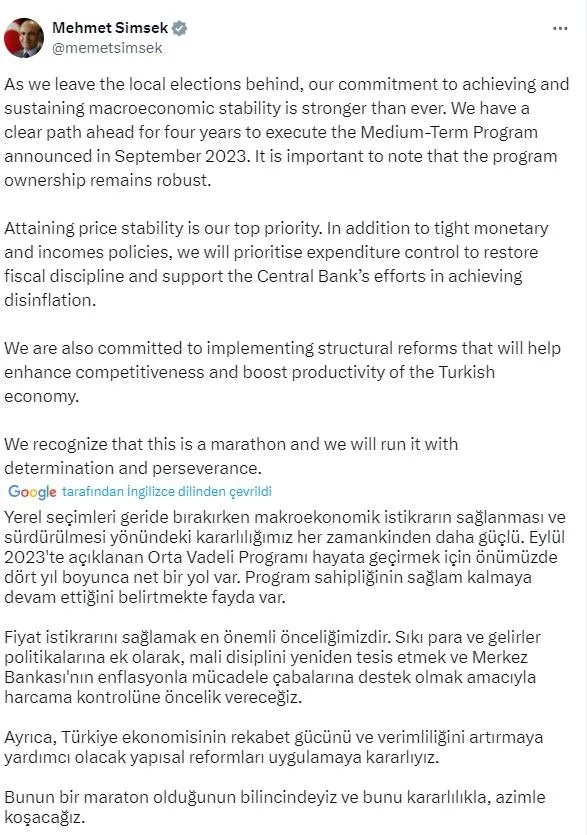 Hazine ve Maliye Bakanı Mehmet Şimşek’ten net mesaj: Yapısal reformları uygulamaya kararlıyız