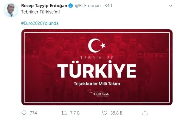 Başkan Erdoğan'dan Milli Takım'a tebrik mesajı - 1