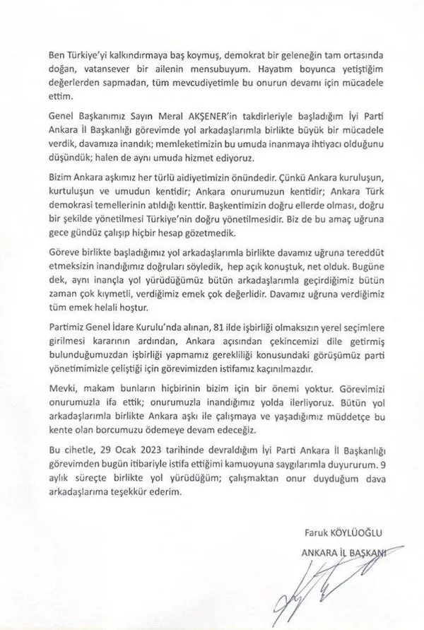 İYİ Parti’de Mansur Yavaş istifası! İYİ Parti Ankara İl Başkanı Faruk Köylüoğlu’ndan Akşener’e rest