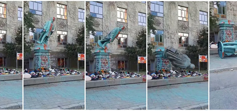 SON DAKİKA | 215 çocuğun cesedi Kanada’yı karıştırdı! Egerton Ryerson’ın heykeli böyle yıkıldı