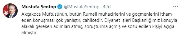 TBMM Başkanı Mustafa Şentop’tan Akçakoca Müftüsü Şaban Soytekinoğlu’nun açıklamalarına tepki