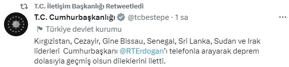 Başkan Recep Tayyip Erdoğan’a dünya liderlerinden deprem taziyesi