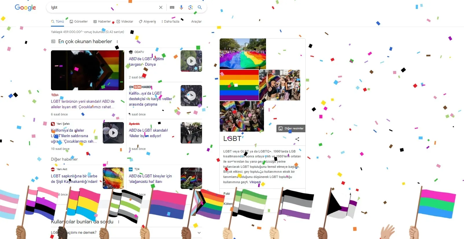 LGBT sapkınlığına bir destek de Google'dan! Konfeti ve bayraklı geçiş! Arama motoruna LGBT yazınca...