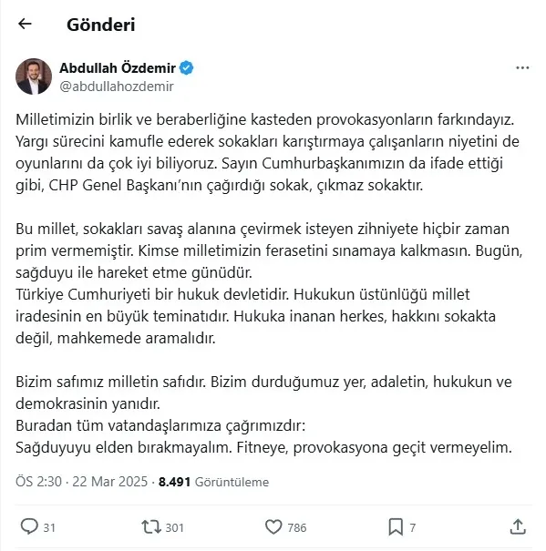 AK Parti İstanbul İl Başkanı Abdullah Özdemir’den sokak çağrısına tepki