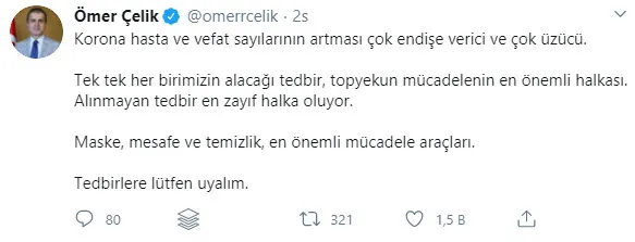 Son dakika: AK Parti Sözcüsü Ömer Çelik: Koronavirüs hasta ve vefat sayılarının artması endişe verici - 1