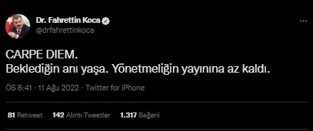 Sağlık Bakanı Fahrettin Koca’dan merak uyandıran paylaşım: Carpe Diem