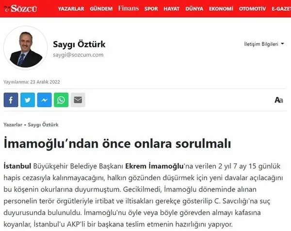 Son dakika: İBB’ye terör soruşturması! İçişleri Bakanlığından Sözcü Yazarı Saygı Öztürk’ün iftiralarına jet yanıt