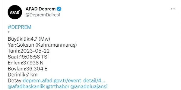 Son dakika: Kahramanmaraş'ta 4.7'lik deprem | AFAD 2023 son depremler.. - 2