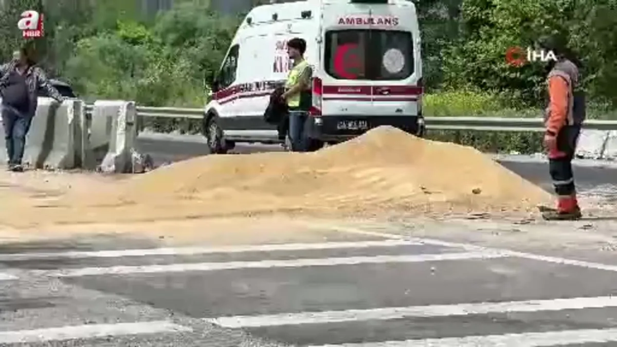 25 ton tavuk yemi D-650'ye savrulmuştu: Kapalı olan yol 2 saat sonra ulaşıma açıldı