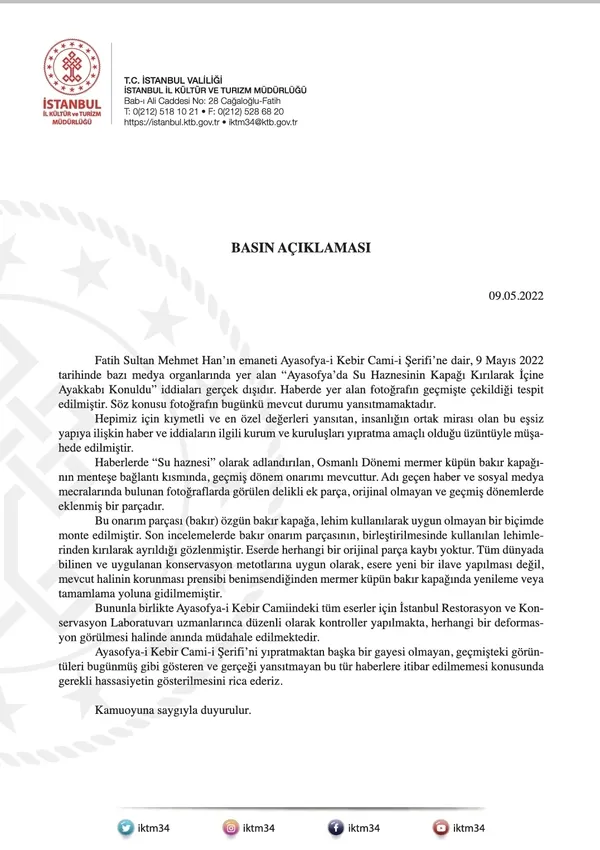 1652114135396.jpg Ayasofya'da su haznesinin kapağı kırıldı iddialarına yalanlama: İstanbul Valiliğinden resmi açıklama geldi - 2