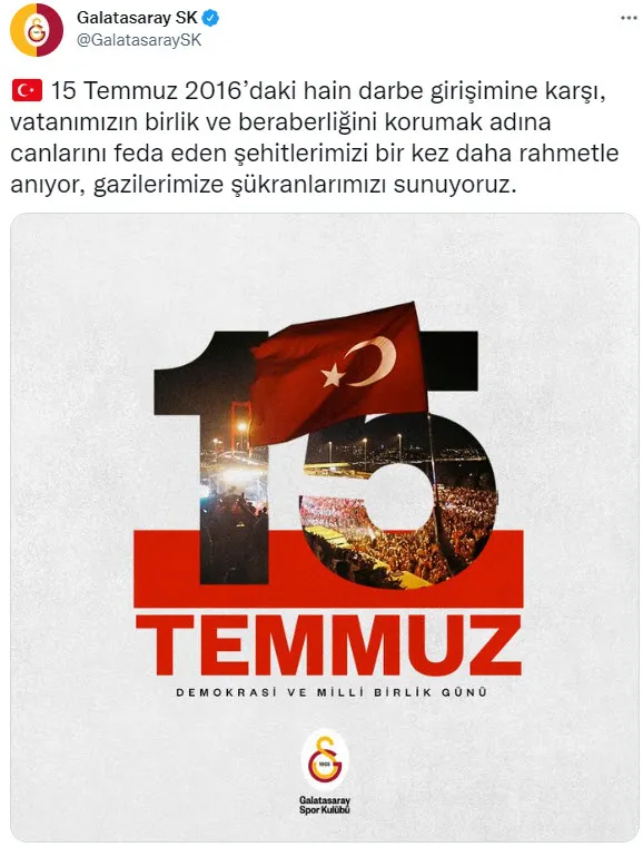 TFF ve 4 büyüklerden 15 Temmuz mesajı