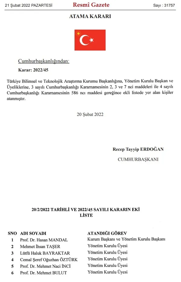 TÜBİTAK Başkanlığı’na Prof. Dr. Hasan Mandal atandı