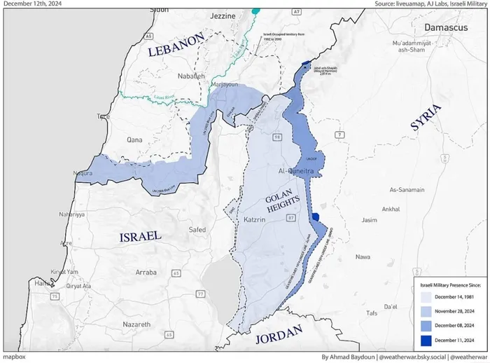 israilli-orgutten-arzi-i-mevudu-gerceklestirme-plani-once-lubnan-sonra-suriye-1734863985363.jpg İsrail'in Lübnan ve Suriye'yi işgalinin yaklaşık yerlerini gösteren harita, koyu mavi renkle en son ilerlemeler gösteriliyor. Uydu görüntüleri, coğrafi konum ve İsrail işgal güçlerinin açıklamalarından elde edilen veriler kullanılarak oluşturulmuştur (+972 Magazine)