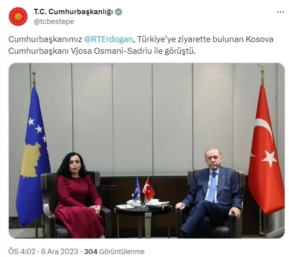 Başkan Erdoğan Kosova Cumhurbaşkanı Vjosa Osmani-Sadriu’yi kabul etti: Gazze için birlikte hareket edelim