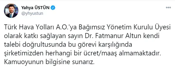 THY Basın Müşaviri Yahya Üstün’den Fatmanur Altun açıklaması