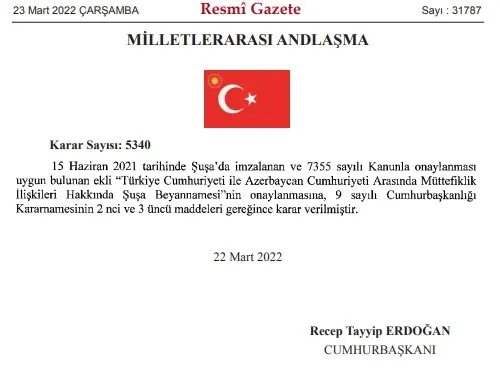 Şuşa Beyannamesi’nin onaylanmasına ilişkin karar Resmi Gazete’de
