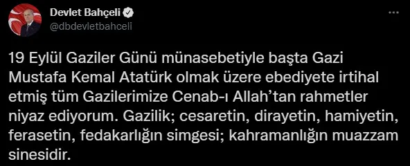 MHP Genel Başkanı Devlet Bahçeli 19 Eylül Gaziler Günü mesajı