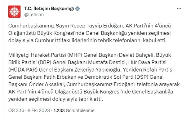 Başkan Recep Tayyip Erdoğan’a Cumhur İttifakı liderlerinden tebrik