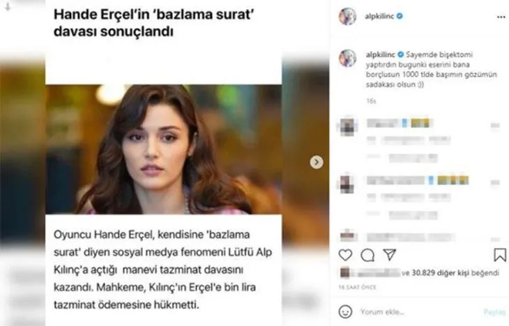 Bazlama surat davasının ardından Lütfü Alp Kılınç’tan yeni Hande Erçel paylaşımı! ’Sayemde...’