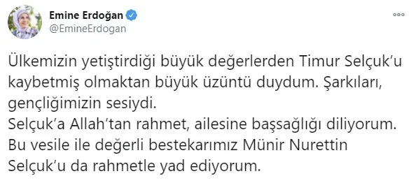 Emine Erdoğan'dan Timur Selçuk için başsağlığı mesajı - 1
