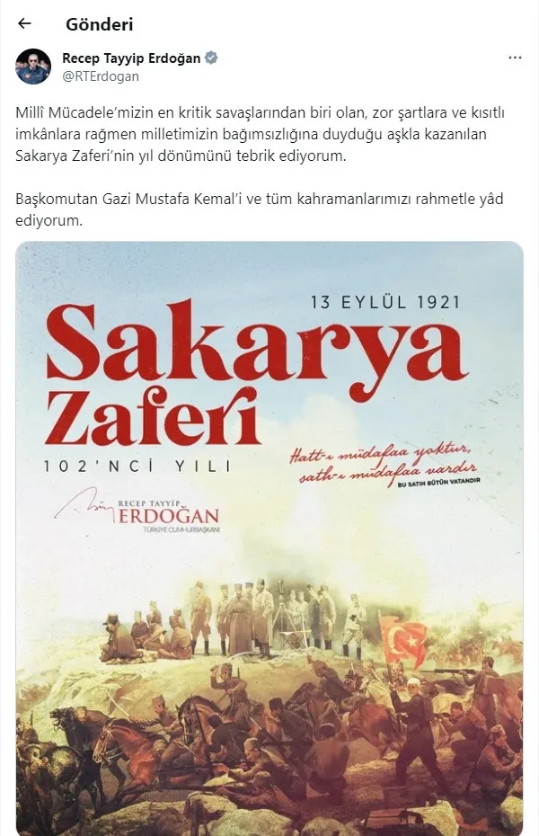 Son dakika | Başkan Erdoğan’dan Sakarya Zaferinin 102. yıl dönümü mesajı