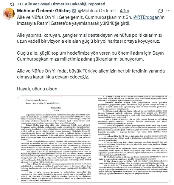Bakan Göktaş' ʺAile ve Nüfus On Yılıʺ genelgesine ilişkin yazılı açıklama yaptı (Fotoğraf: X platformu - ekran görüntüsü)