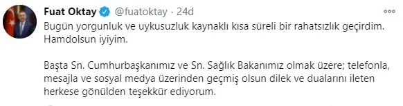 Son dakika: Cumhurbaşkanı Yardımcısı Fuat Oktay: Sağlık durumum iyi