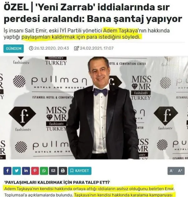 Zafer Partisi Genel Başkan Yardımcısı Adem Taşkaya’dan iş insanı Sait Emir’e şantaj! 5 milyon dolar istediğini söyleyeceğim