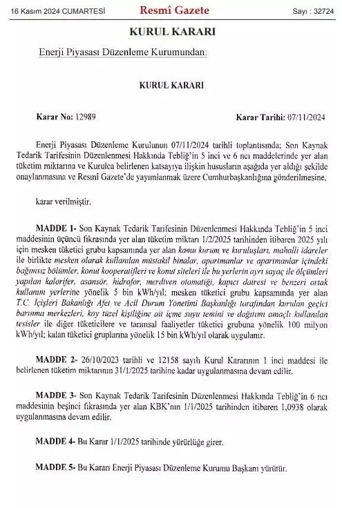 Elektrikte sübvansiyon kararı Resmi Gazete’de