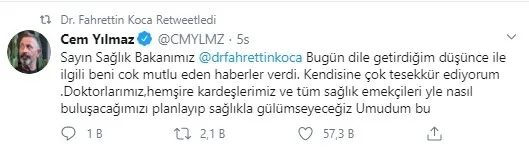 Cem Yılmaz’ın önerisine Sağlık Bakanı Fahrettin Koca’dan yanıt