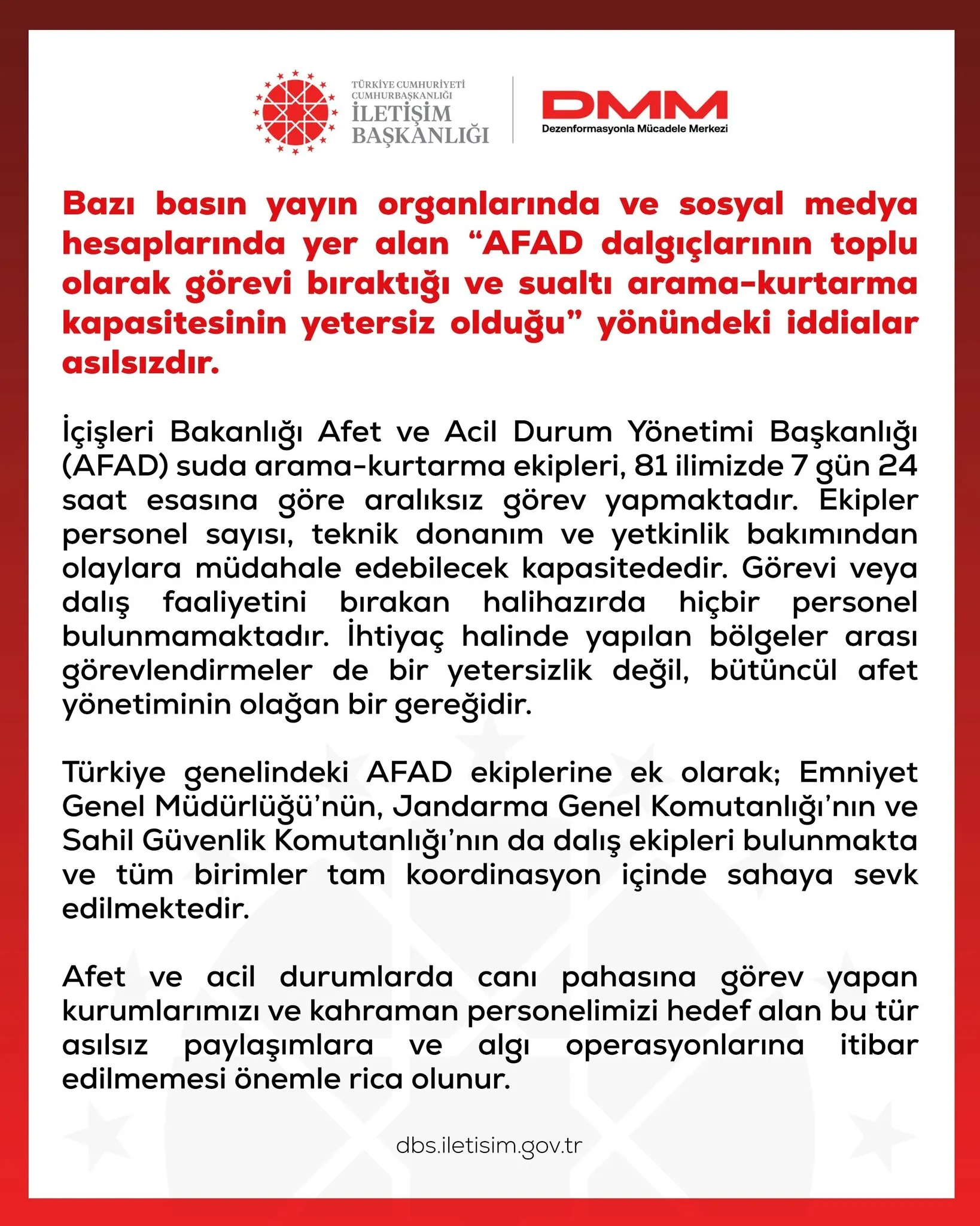 DMM’den “AFAD dalgıçları görevi bıraktı” iddialarına yalanlama