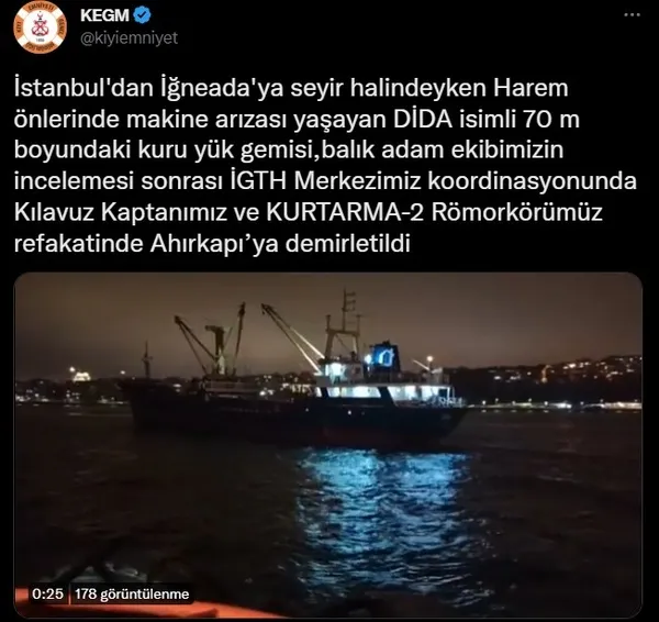 İstanbul Boğazı’nda gemi arızası: Kıyı Emniyeti kurtardı