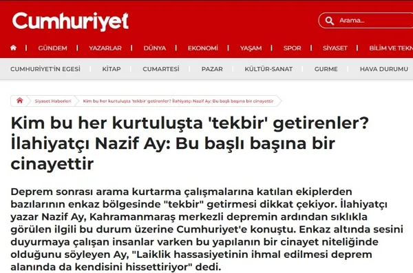 CHP yandaşı Cumhuriyet gazetesinin ’tekbir’ hazımsızlığı: Kurtarma çalışmalarını laikliğe bağladılar
