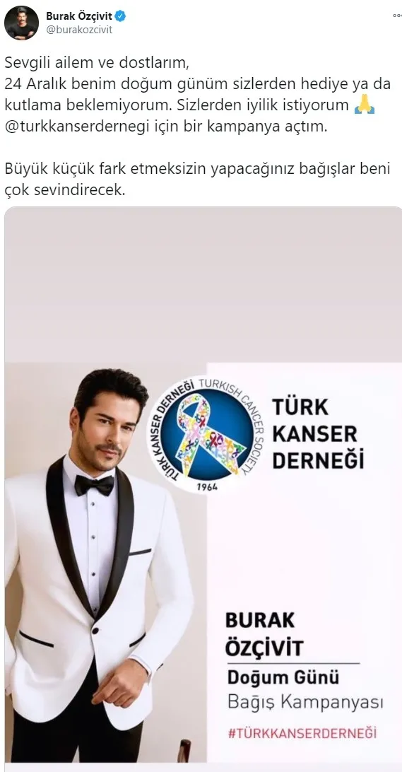 Burak Özçivit Türk Kanser Derneği için bağış kampanyası düzenledi