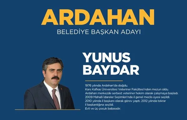Yunus Baydar kimdir, kaç yaşında, nereli? 31 Mart 2024 Ardahan AK Parti MHP  CHP İYİ Parti yerel seçim belediye başkan adayları listesi