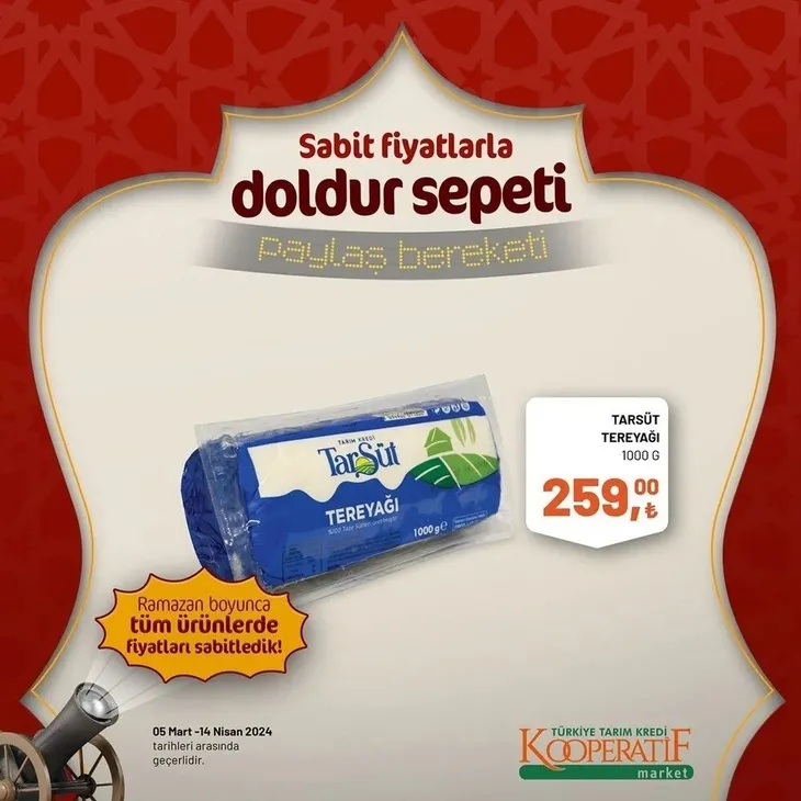 Tarım Kredi Market 30 Mart indirim kataloğu yayınladı! Kaşar peynir 205,00 TL’ye, tost peyniri 185,00 TL’ye, tereyağı 259,00 TL’ye, süt 22,50 TL’ye satışta