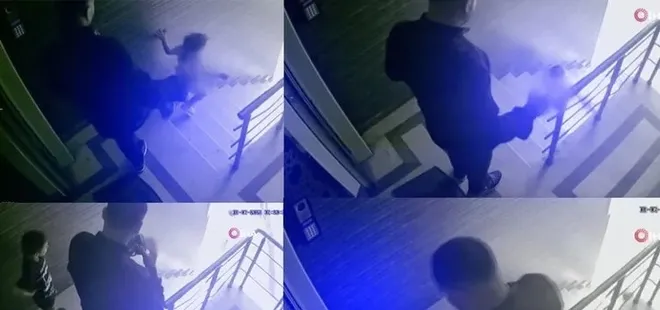 Baba değil canavar! Tekme attığı çocuğu merdivenden yuvarlandı