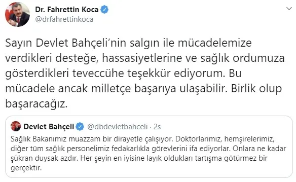 Sağlık Bakanı Fahrettin Koca'dan MHP lideri Devlet Bahçeli'ye teşekkür mesajı - 1