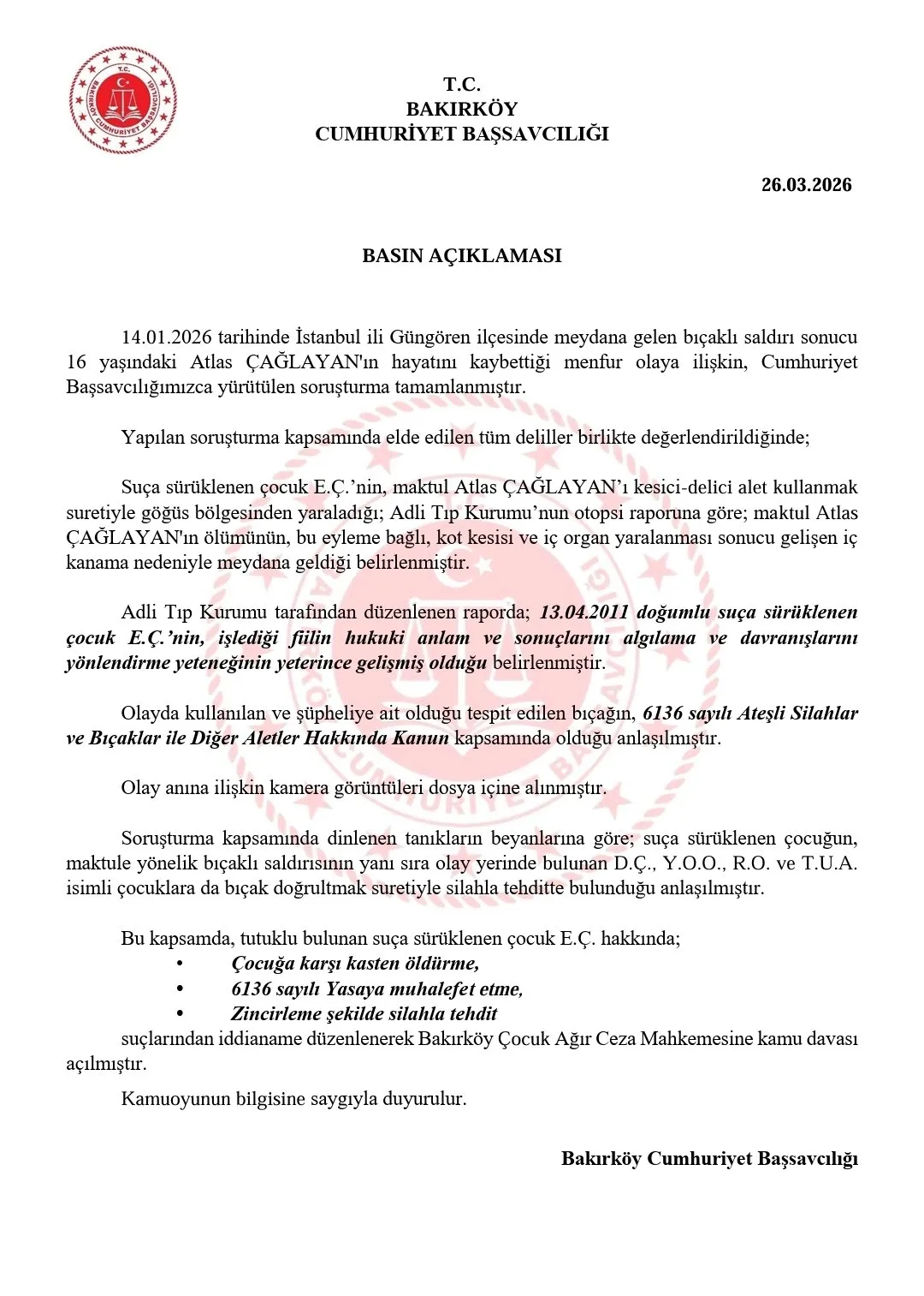 Güngören’de Atlas Çağlayan cinayetiyle ilgili iddianame hazırlandı; şüpheli çocuk hakkında Çocuk Ağır Ceza Mahkemesi'nde dava açıldı