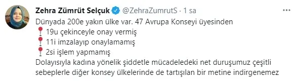 Bakan Zehra Zümrüt Selçuk’tan Türkiye’nin İstanbul Sözleşmesi’nden çekilmesine ilişkin mesaj
