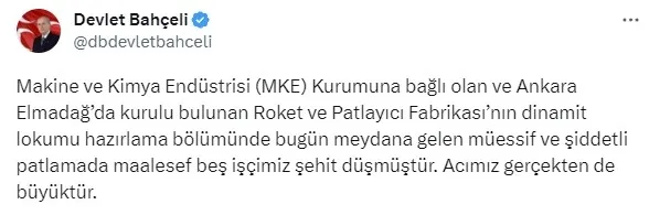 MHP lideri Devlet Bahçeli’den Ankara’daki patlamaya ilişkin taziye mesajı: Acımız gerçekten de büyüktür