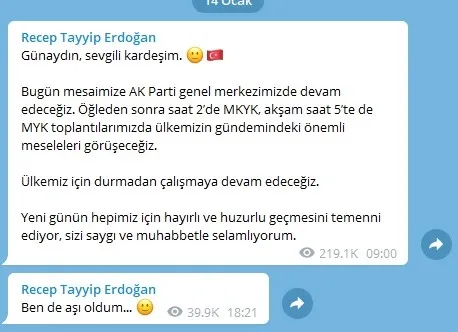 Son dakika: Başkan Erdoğan Kovid-19 aşısı oldu ve Telegram’dan mesaj paylaştı