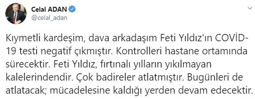 MHP’li Feti Yıldız’ın koronavirüs testi negatif çıktı