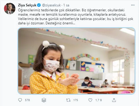 Milli Eğitim Bakanı Ziya Selçuk’tan velilere hijyen çağrısı