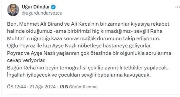 Entübe edilen Reha Muhtar’ın sağlık durumu nasıl? Uğur Dündar açıkladı! Kaybolan oğlunun yeri...