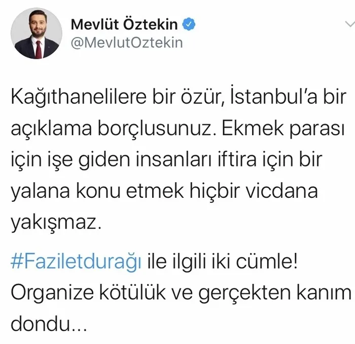 Kağıthane Belediye Başkanı Mevlüt Öztekin’den İmamoğlu’na Fazilet durağı tepkisi: Hiç yüzü kızarmamak çok utanç verici