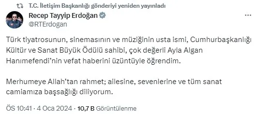 Tiyatro sanatçısı Ayla Algan’a taziye mesajı! Başkan Erdoğan: Hanımefendi’nin vefat haberini üzüntüyle öğrendim