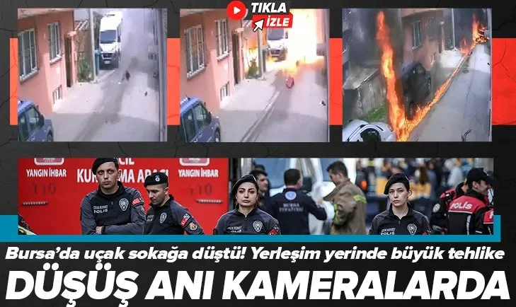 Bursa’da eğitim uçağının düşme anı güvenlik kameralarına böyle yansıdı! Sokak ortasındaki iki kişi ölümden döndü
