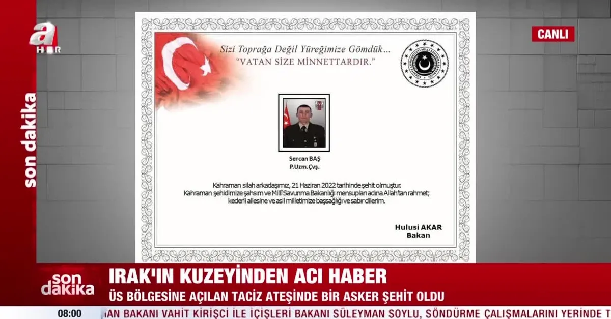 Irak'ın kuzeyinden acı haber! Piyade Uzman Çavuş Sercan Baş şehit oldu.
