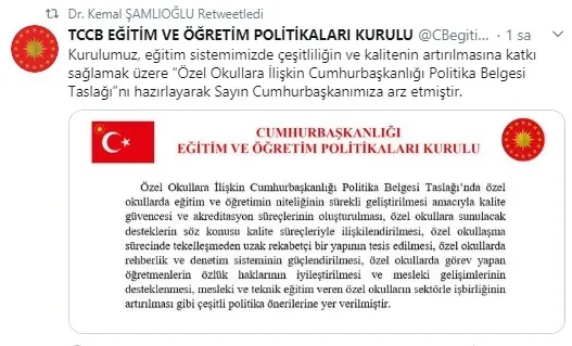 Özel okullara ilişkin çalışma Başkan Erdoğan’a sunuldu